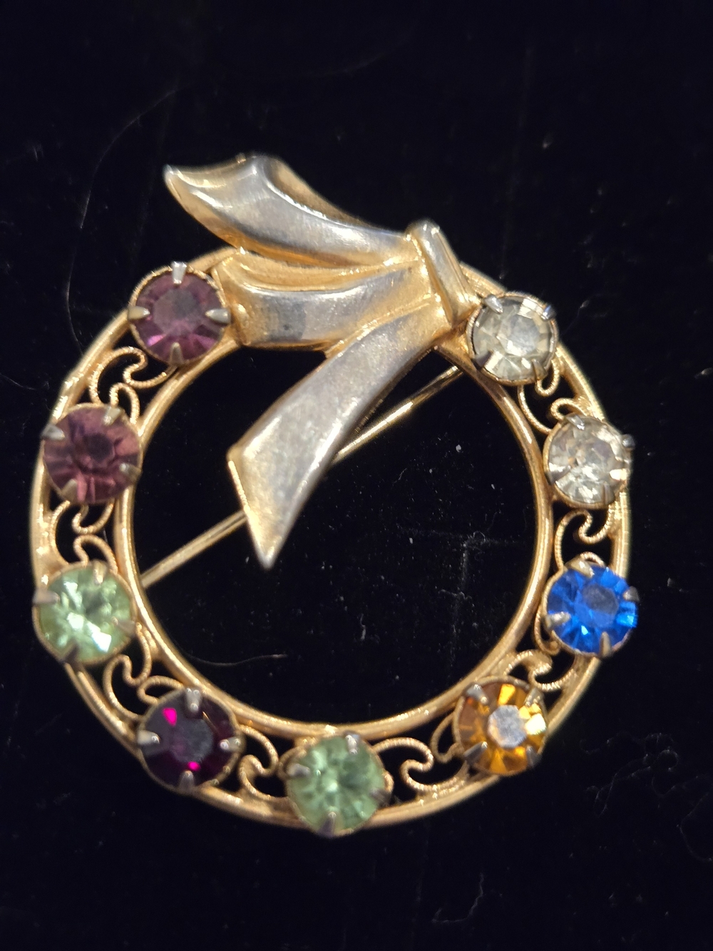 Gold-tone Multi-Color Crystal Wreath Brooch with Gold Tone Bow